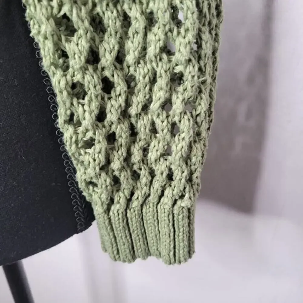 Cropped‎ Sweater Fish Knit Size Large Olive Green Cover Up Crochet Club